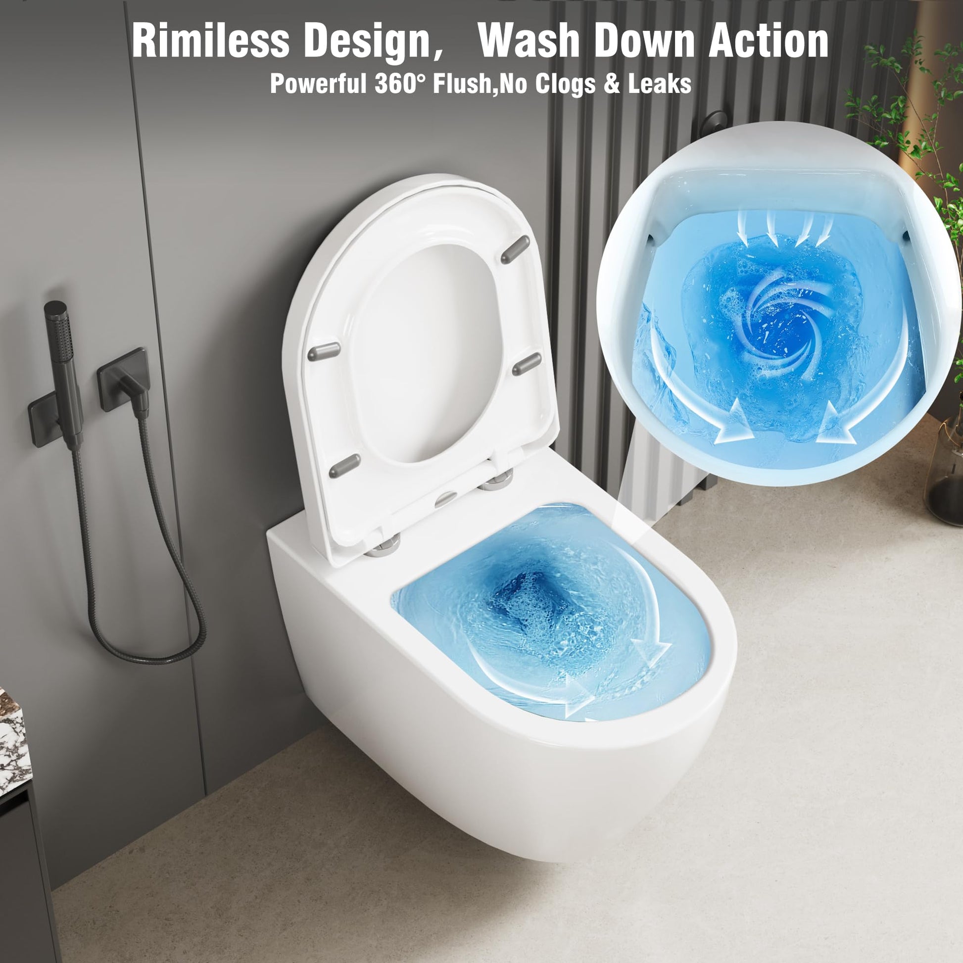 GARVEE WC Sospeso Senza Bordi WC suspendu en céramique forme D 55,5 cm blanc couvercle automatique