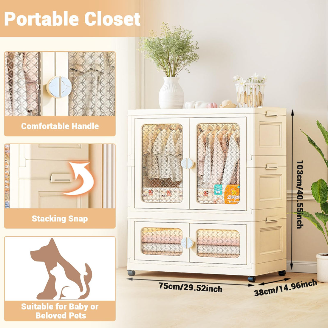 Garvee Armoire bébé à 2 niveaux avec portes transparentes, boîtes de rangement pliables à roulettes, empilables, en plastique