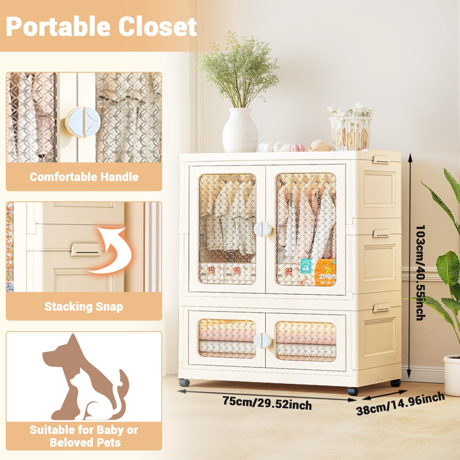 Armoire bébé Garvee à 2 niveaux avec portes transparentes, boîtes de rangement pliables à roulettes, empilables, en plastique, idéale pour la chambre d'enfant et le salon, gain de place et mobile.