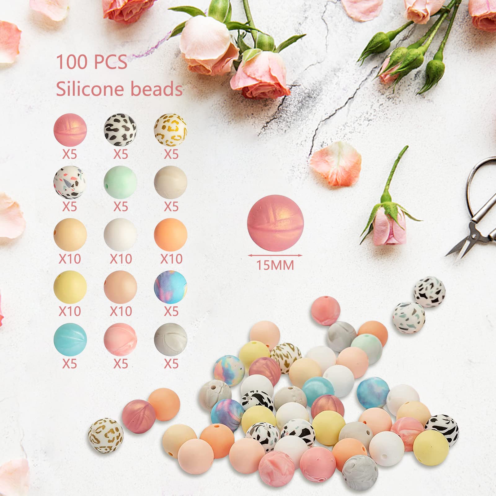 Garvee Lot de 100 perles en silicone rondes de 15 mm, colorées, pour la création de bijoux, porte-clés, colliers et bracelets.