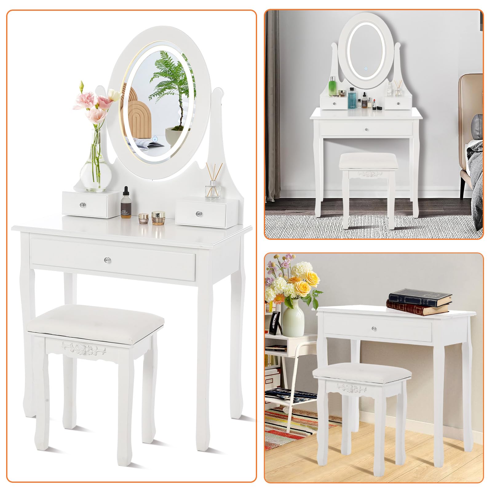 Coiffeuse Garvee avec miroir ovale et éclairage LED, 5 tiroirs, bois, pivotante à 360°, blanche, chambre moderne