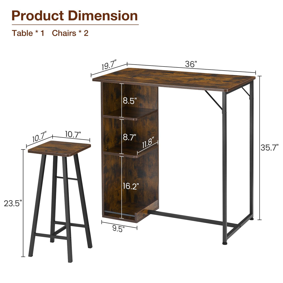 Ensemble table et chaises de bar Garvee, 3 pièces, brun rustique avec rangement, hauteur réglable, pour coin cuisine/petit-déjeuner, MDF/acier