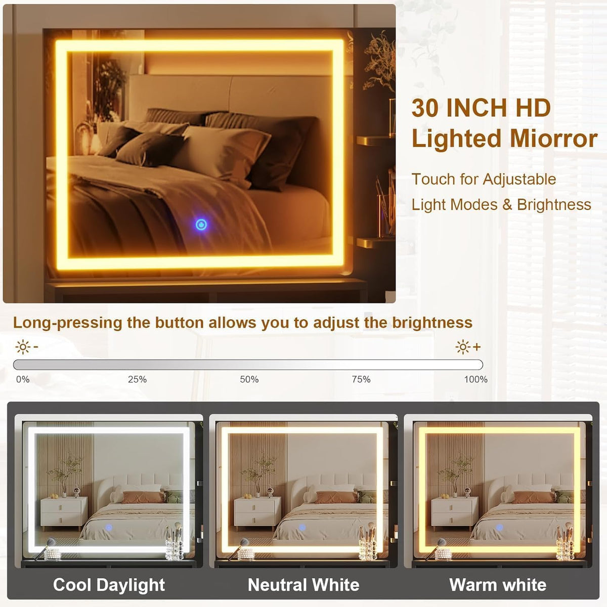 Garvee Coiffeuse cannelée avec miroir et éclairage LED, 5 tiroirs, station de chargement USB, noir et or, chambre, 114 cm (114 cm)
