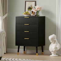 Commode moderne Garvee à 5 tiroirs avec pieds en métal et poignées dorées, idéale pour la chambre et le salon. Structure en MDF, imperméable et stable. Finition dorée élégante.