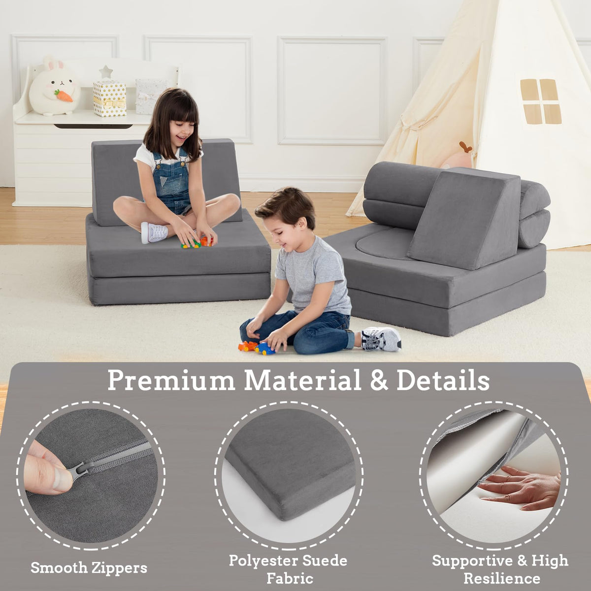 Canapé de jeu modulaire Garvee 10 pièces pour enfants, canapé convertible en mousse, microfibre de luxe, gris foncé, pour des jeux créatifs dans la chambre d'enfant