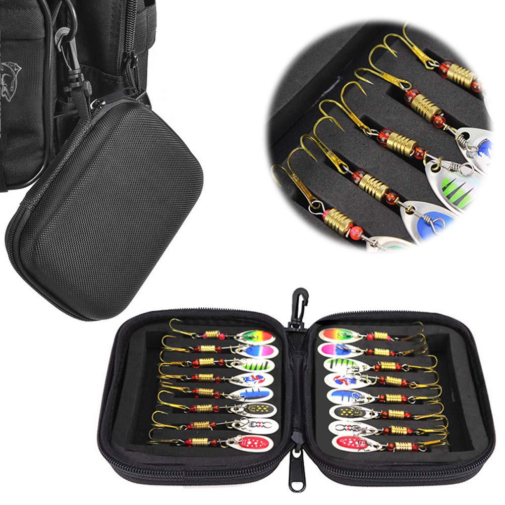 Ensemble de 16 leurres de pêche Garvee avec sac, palettes rotatives lumineuses, noyau en mousse durable, pour la truite et la perche, noir, eau douce et eau salée
