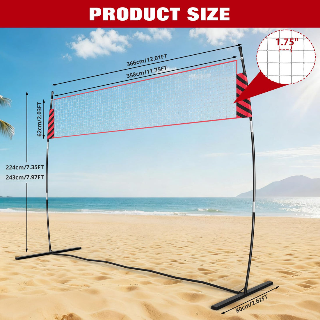 Garvee Filet de volley-ball 3,66m à hauteur réglable, portable, poteaux en fibre de verre, filet renforcé 3 couches, plage et jardin