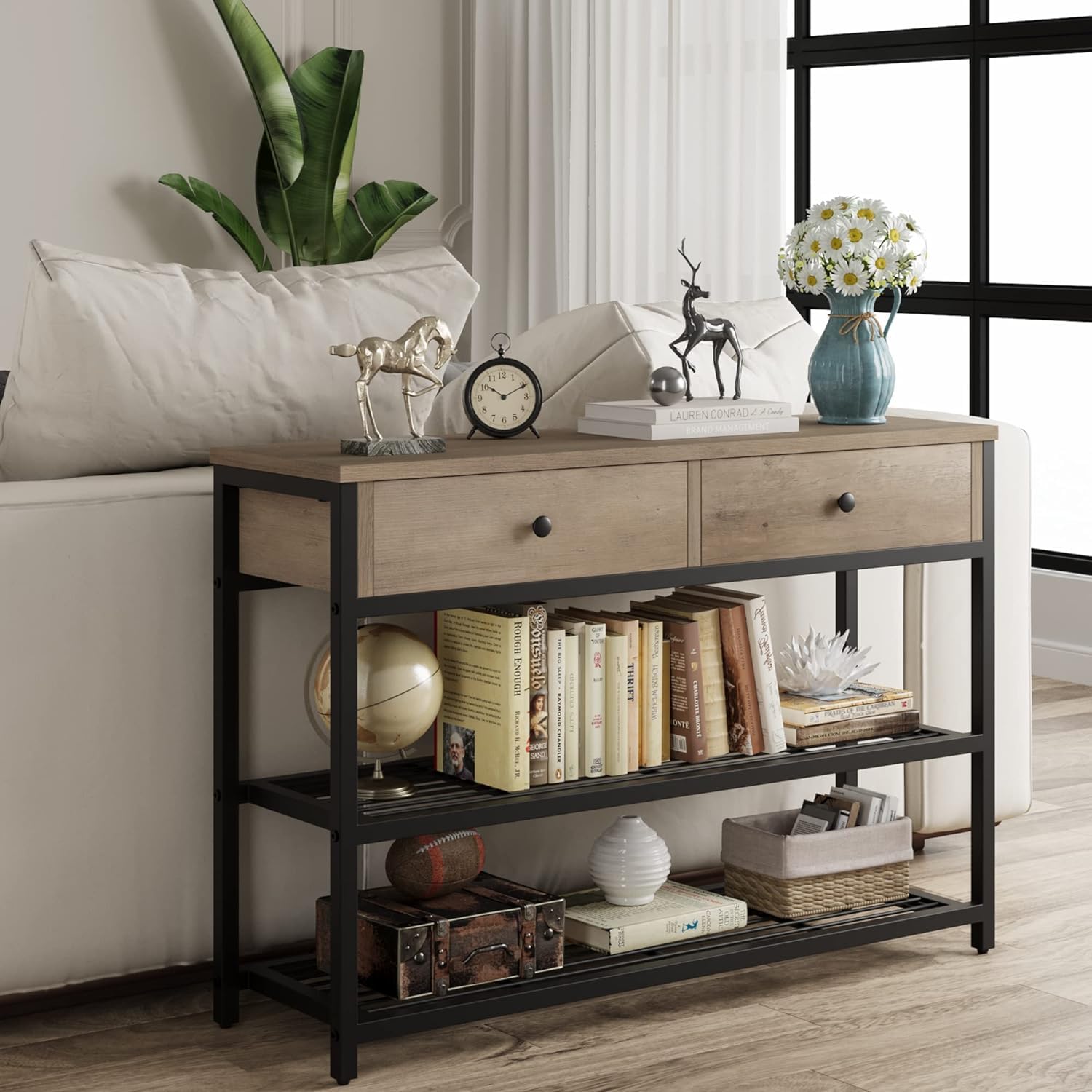 Console Garvee avec 2 tiroirs, structure en métal, étagère métallique à 2 niveaux pour entrée et salon, pieds réglables, robuste, panneaux de particules, noir