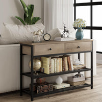 Console Garvee avec 2 tiroirs, structure en métal, étagère métallique à 2 niveaux pour entrée et salon, pieds réglables, robuste, panneaux de particules, noir