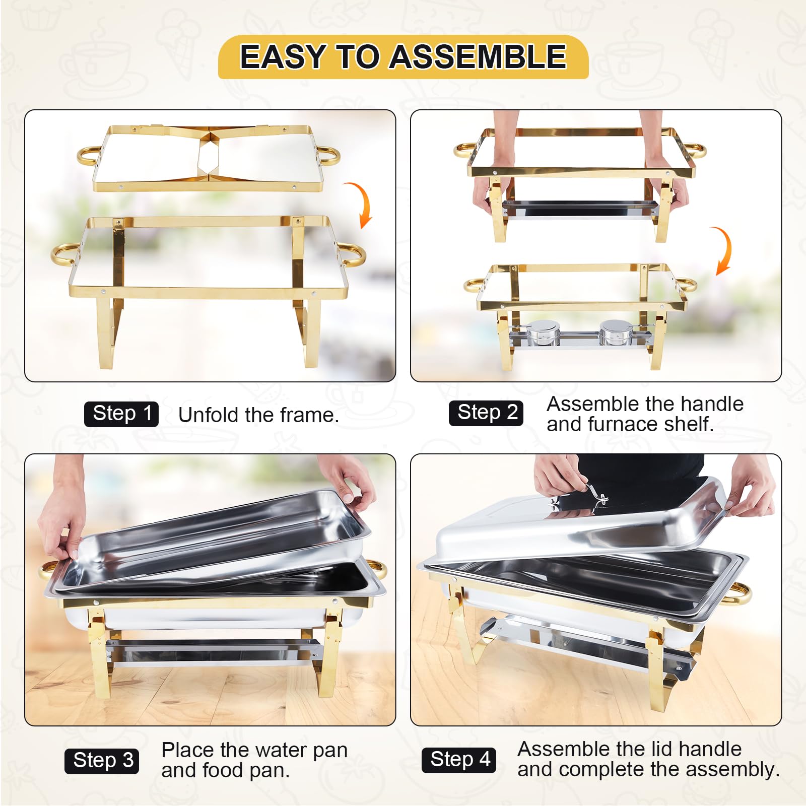 Ensemble de 4 chafing dishes Garvee dorés, 8 pintes (7,6 L), en acier inoxydable, dimensions : 62 x 35,5 x 30,5 cm. Idéal pour les grands événements, la restauration, les hôtels et les restaurants.