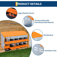 Garvee Pondoir à poules orange 10 compartiments sans pieds, acier galvanisé, ventilation et système de collecte des œufs, pour poulailler