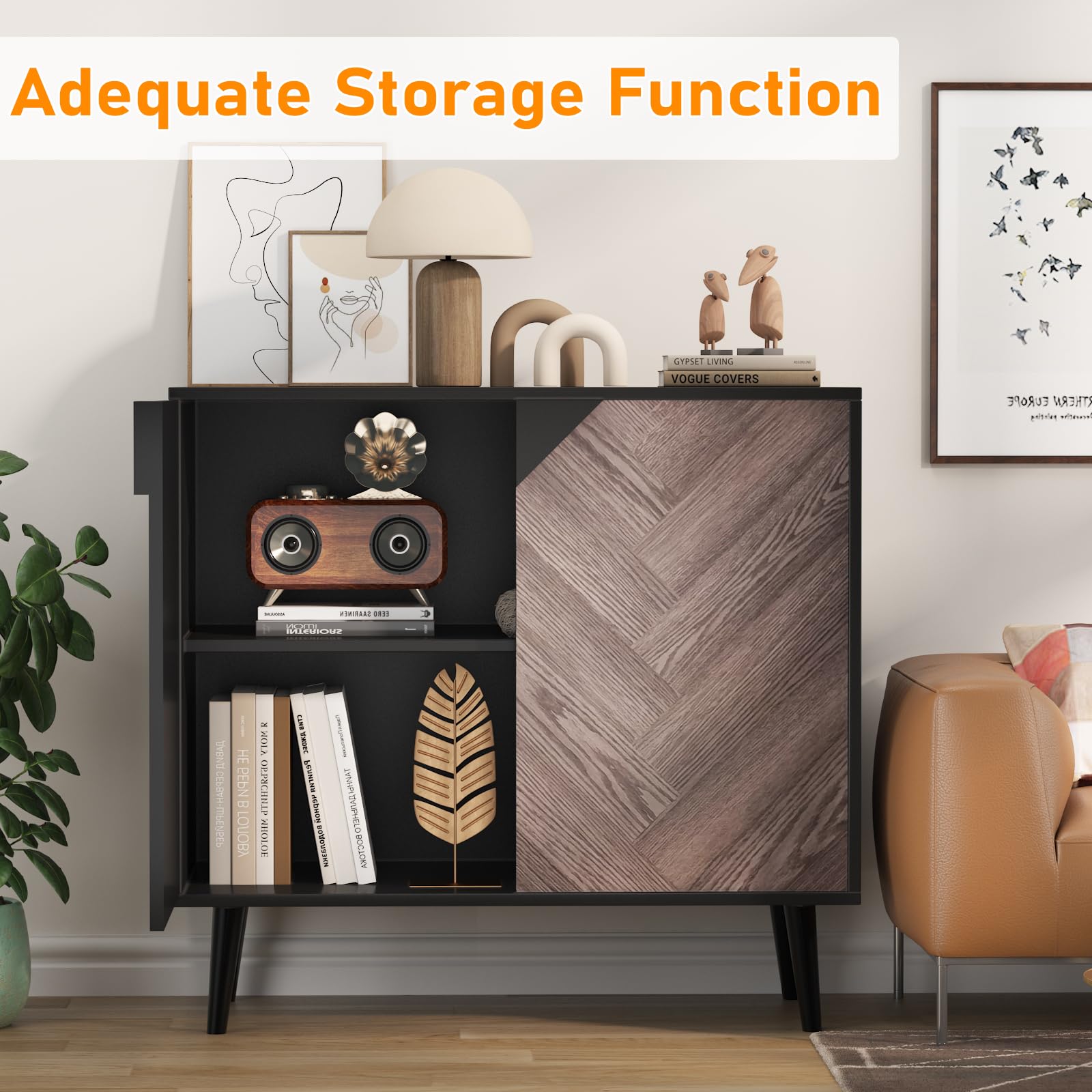 Buffet/meuble de rangement d'appoint moderne Garvee, avec portes, aspect bois, noir-gris, 80 cm, salle à manger, couloir