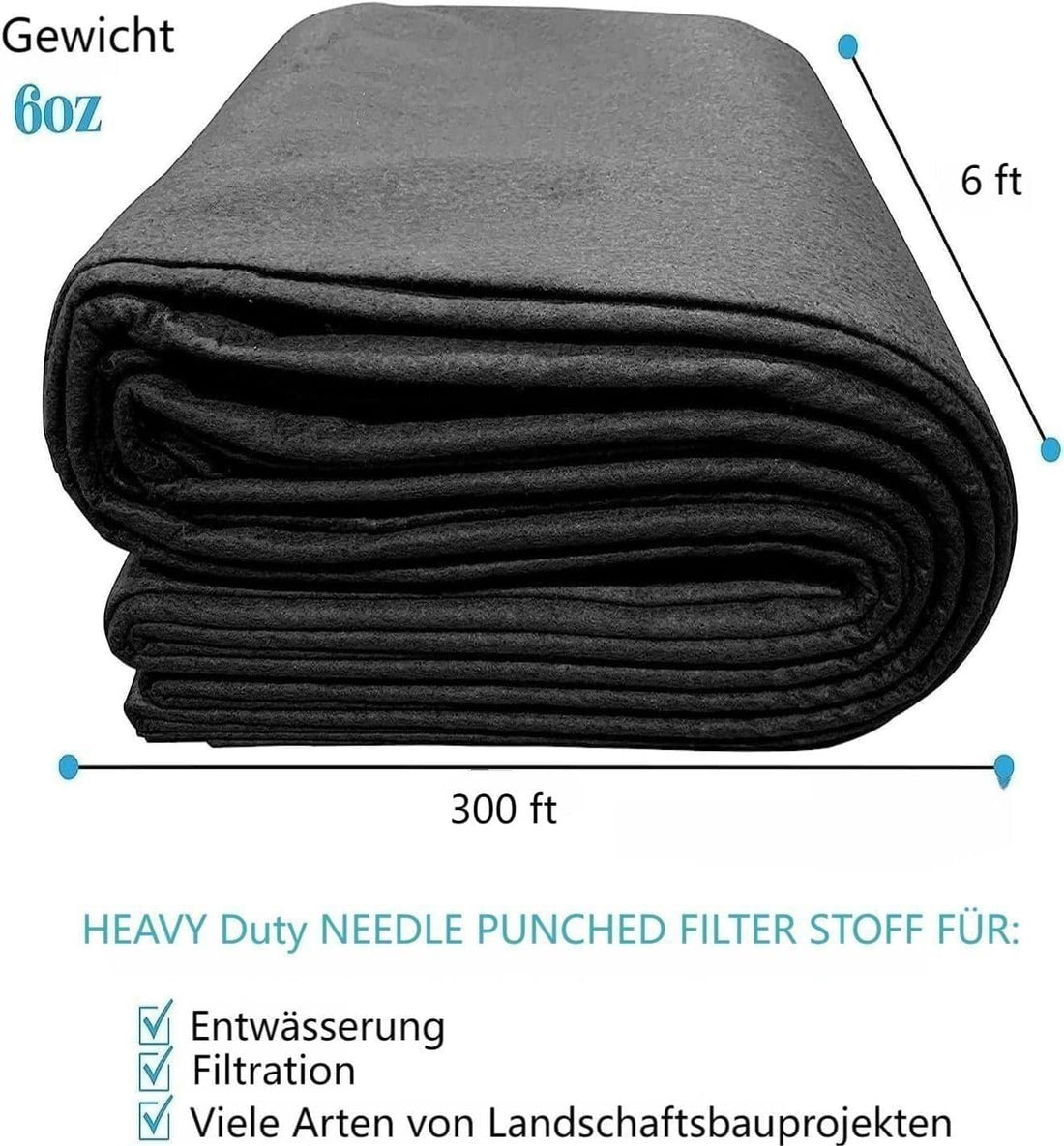 Géotextile GARVEE pour aménagement paysager, 183 x 9144 cm, polypropylène 6 oz, drainage, résistance à la traction 350 N, capacité de charge 440 N, pour allées, routes et protection contre l'érosion.
