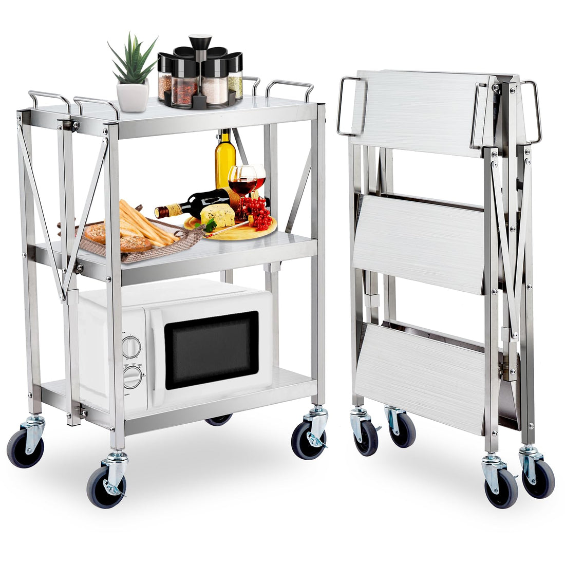 Garvee Chariot de service pliable en acier inoxydable - portable, 3 étagères, avec frein, capacité de charge de 200 kg, argent