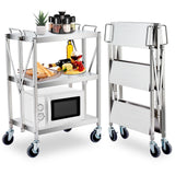 Garvee Chariot de service pliable en acier inoxydable - portable, 3 étagères, avec frein, capacité de charge de 200 kg, argent