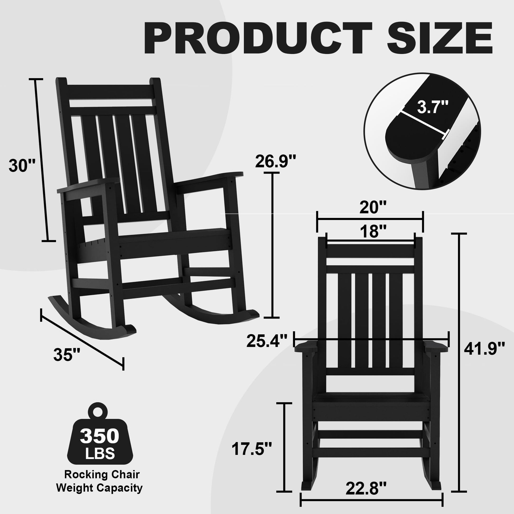 Garvee Fauteuil à bascule d’extérieur en HDPE noir, assise large avec accoudoirs spacieux, résistant aux intempéries, pour jardin et porche