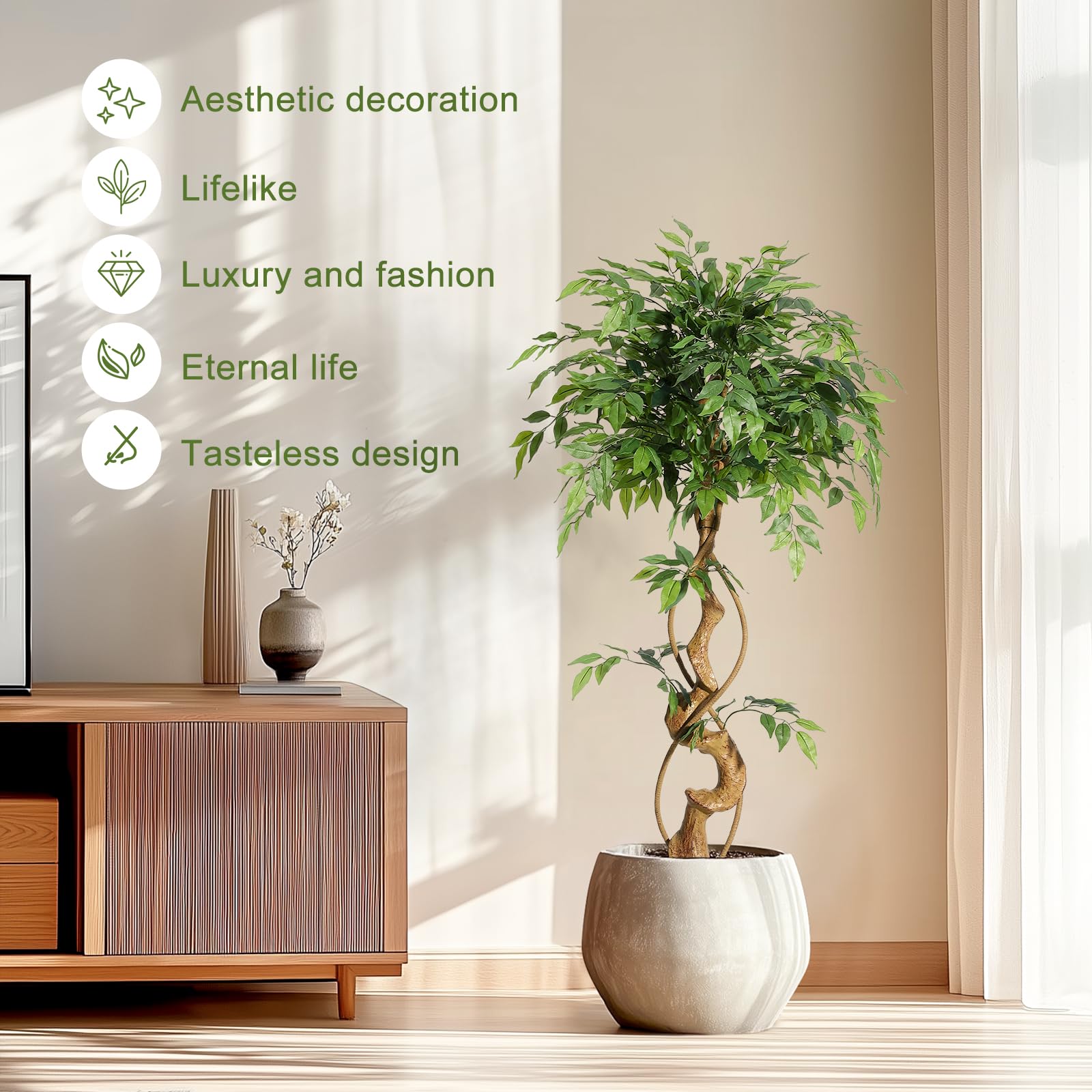 Ficus artificiel Garvee de 120 cm avec tronc courbé, plus de 756 feuilles en soie, pot blanc, branches ajustables pour la décoration de la maison et du bureau