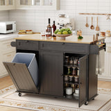 Garvee îlot de cuisine mobile 140 cm avec rangement, roulettes, porte, serviettes, support couteaux, bois MDF pour petites cuisines, compact, bois naturel - Noir