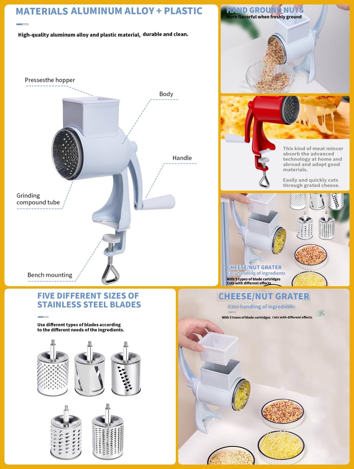 Râpe à tambour Garvee en acier inoxydable avec manivelle - Multifonctionnelle pour noix, fromage et épices, rouge, pour la cuisine
