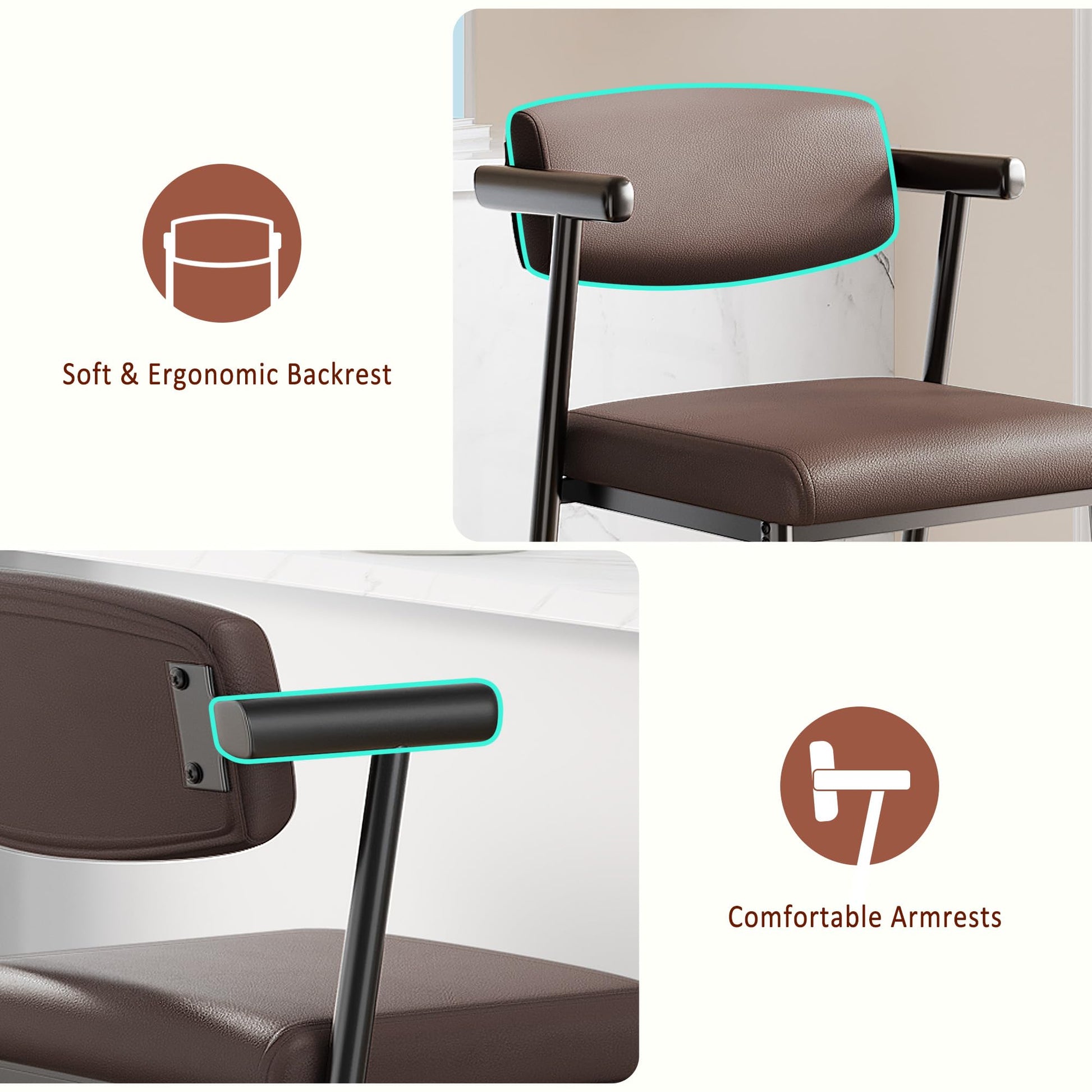 Garvee Tabourets de bar modernes 66 cm avec accoudoirs et dossier, assise large rembourrée, structure métallique, gris et marron, lot de 2