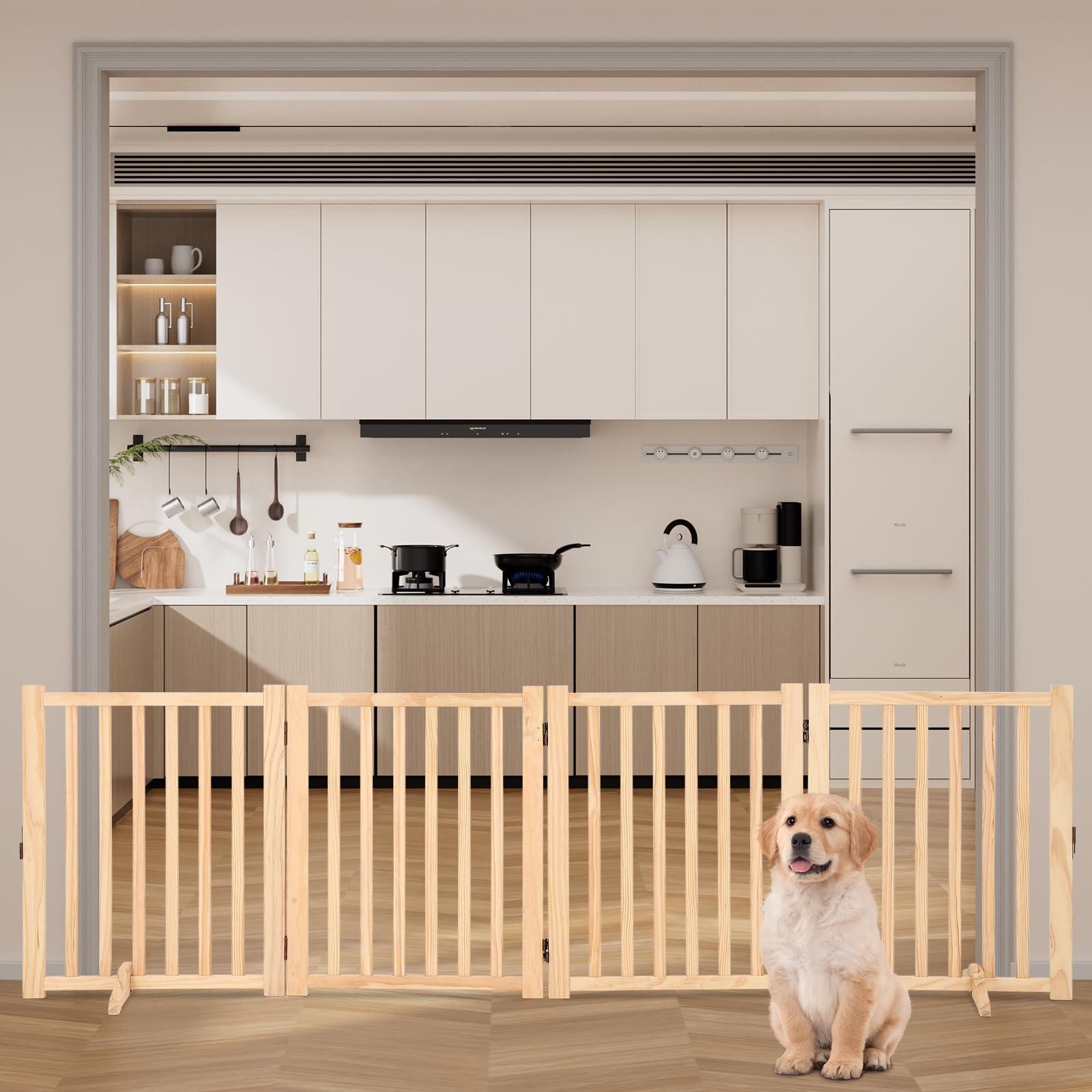 Barrière pour chien en bois Garvee, autoportante, non peinte, en pin, antidérapante, 4 panneaux, pour la maison et les escaliers