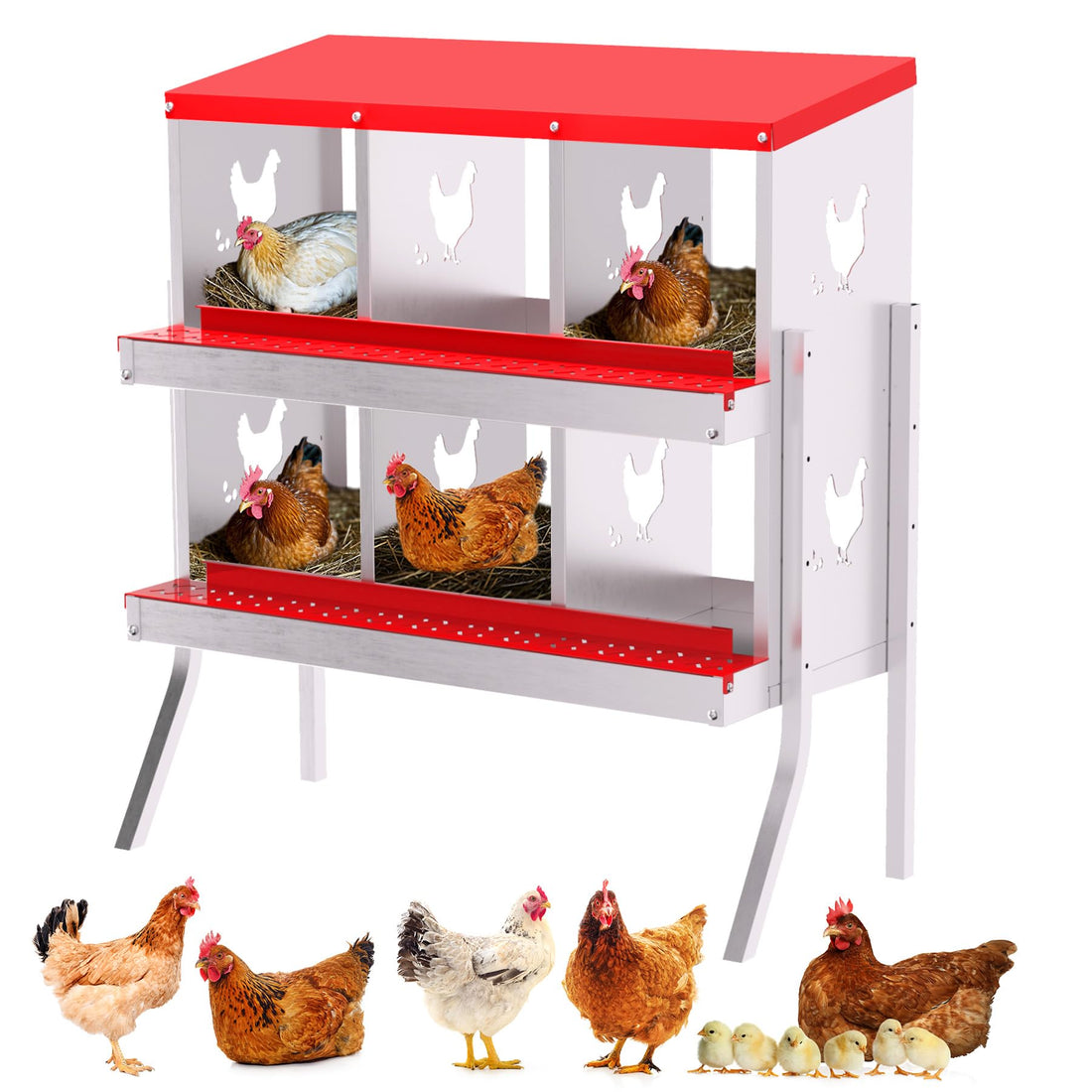 Garvee pondoir pour poules à 6 compartiments avec pieds, collecteur d’œufs automatique en acier galvanisé de 0,7 mm, nichoir avec toit incliné pour volailles, poulailler et ferme, rouge