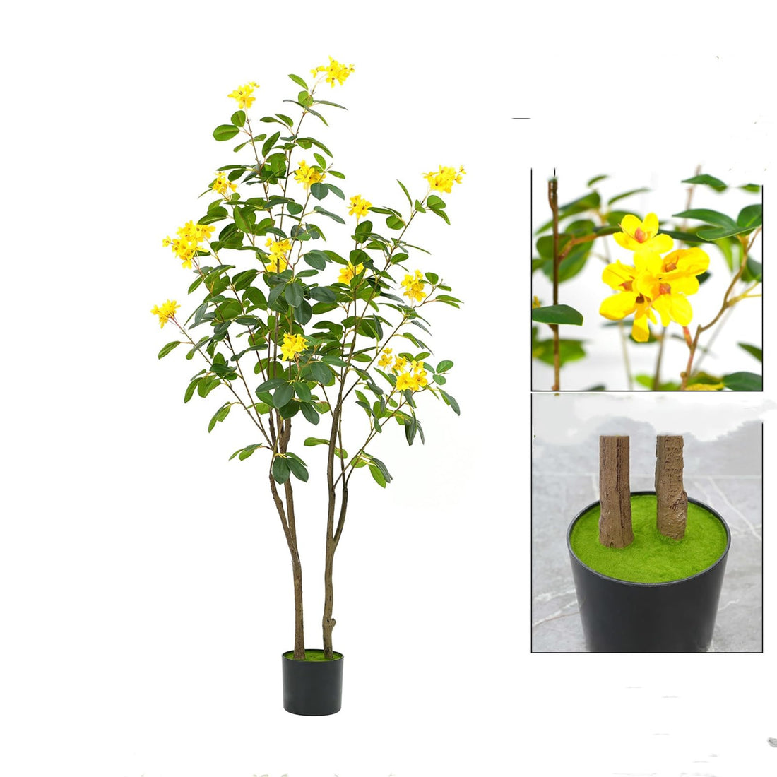Arbre à fleurs artificiel Garvee de 1,5 m avec fleurs jaunes réalistes, pot en ciment robuste pour jardin et mariage, facile d'entretien, flexible et modulable.
