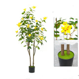 Arbre à fleurs artificiel Garvee de 1,5 m avec fleurs jaunes réalistes, pot en ciment robuste pour jardin et mariage, facile d'entretien, flexible et modulable.