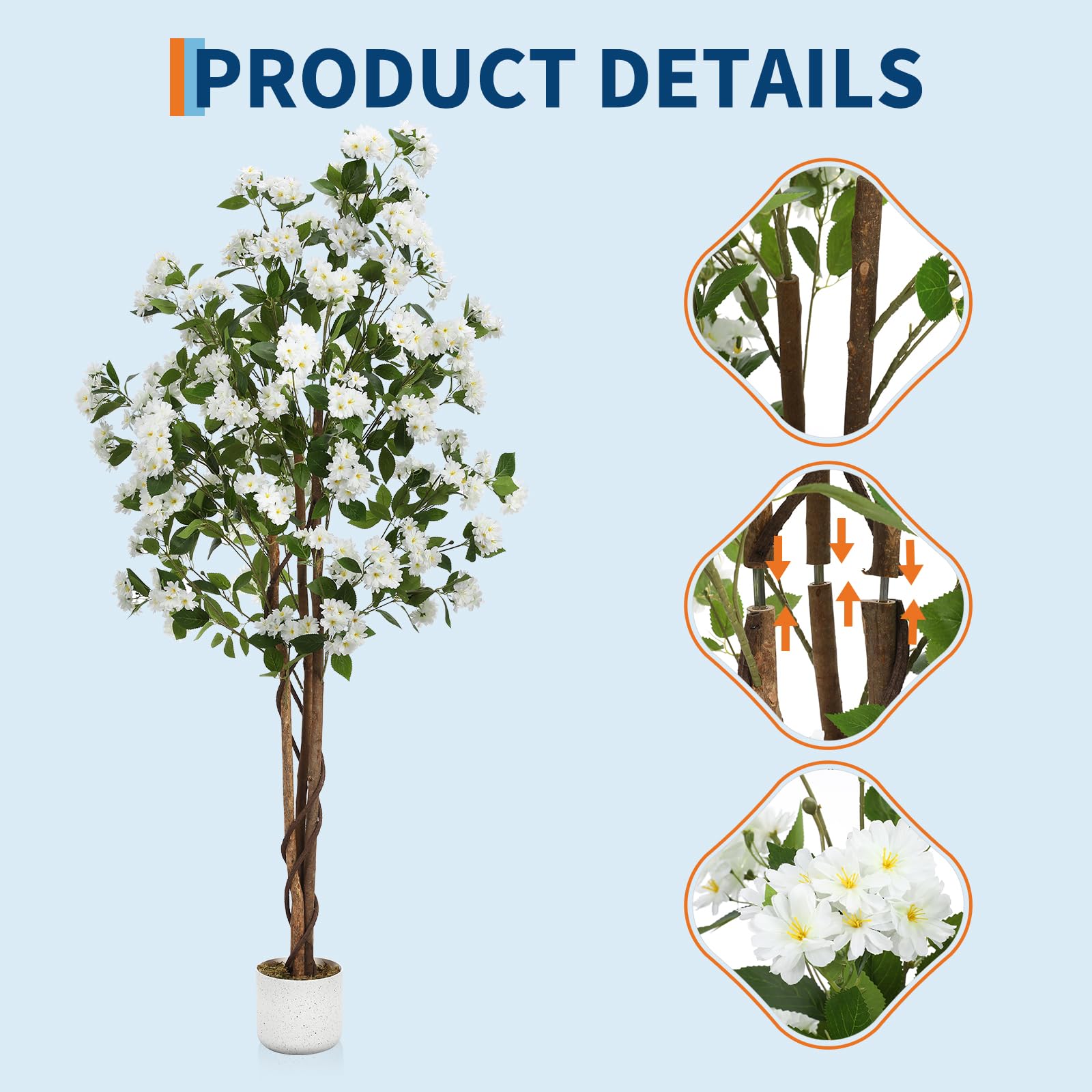 Osmanthus artificiel Garvee de 1,80 m avec 252 fleurs blanches, tronc en bois naturel, sans entretien, pot stable pour la décoration intérieure et extérieure