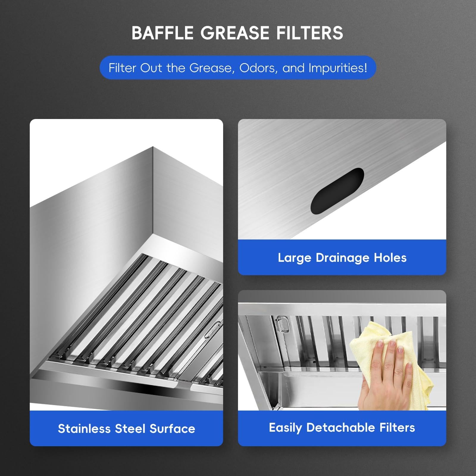 Hotte aspirante commerciale Garvee de 1,8 m (6 pi) en acier inoxydable 201 antirouille avec 3 filtres à huile amovibles pour cuisine et camion-restaurant, fixation murale, support triangulaire