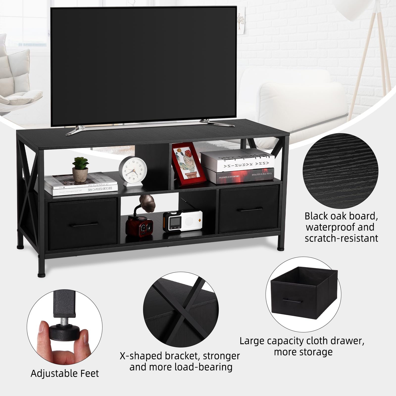 Meuble TV Garvee pour téléviseurs jusqu'à 50 pouces, avec 2 tiroirs en tissu et des étagères ouvertes, structure en acier, design moderne, noir, polyvalent.