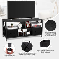 Meuble TV Garvee pour téléviseurs jusqu'à 50 pouces, avec 2 tiroirs en tissu et des étagères ouvertes, structure en acier, design moderne, noir, polyvalent.