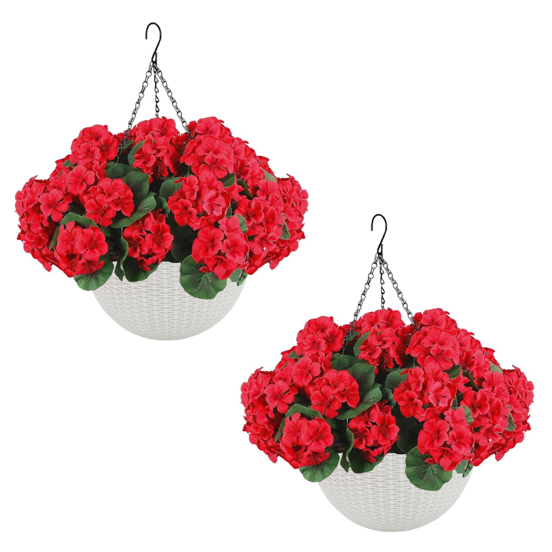 Garvee Ensemble de géraniums artificiels d'extérieur - 2 paniers suspendus avec 12 fleurs rouges pour jardin, terrasse, Noël, résistant aux intempéries et aux UV, en plastique