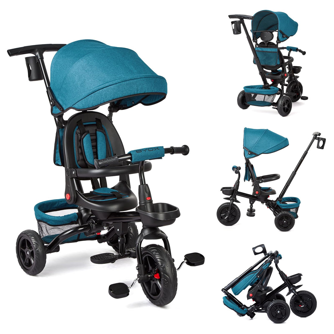 Tricycle enfant Garvee 6 en 1 avec barre de poussée, pliable et pare-soleil, pour enfants de 9 mois à 5 ans, vert