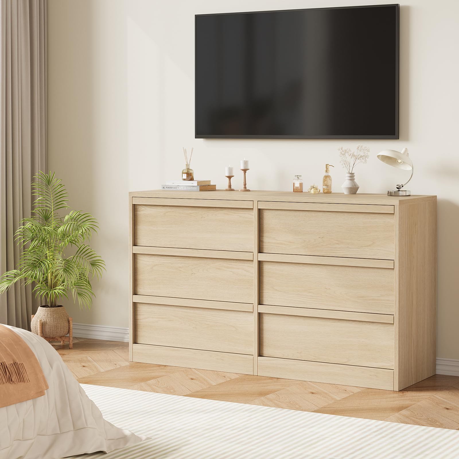 Commode Garvee à 6 tiroirs, chêne naturel, offrant un grand espace de rangement pour la chambre et le salon, 119 x 40 x 75 cm (46,7 po x 15,9 po x 29,3 po)