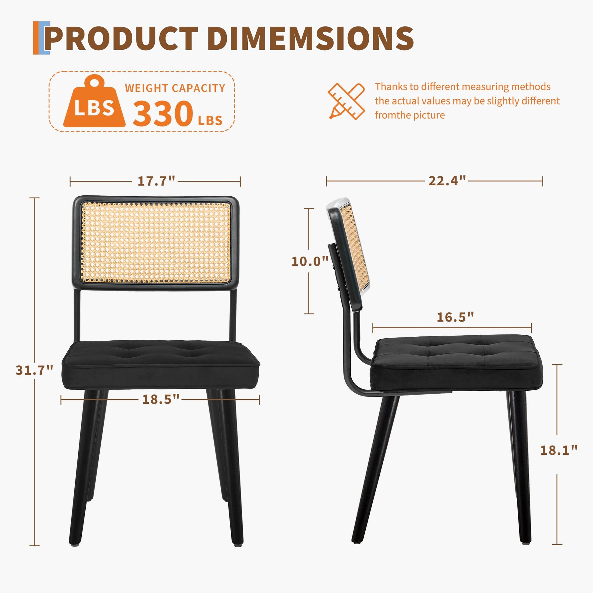 Ensemble de 2 chaises de salle à manger Garvee en rotin naturel, assise en velours et pieds en bois massif, style bohème noir, pour la cuisine et la salle à manger.