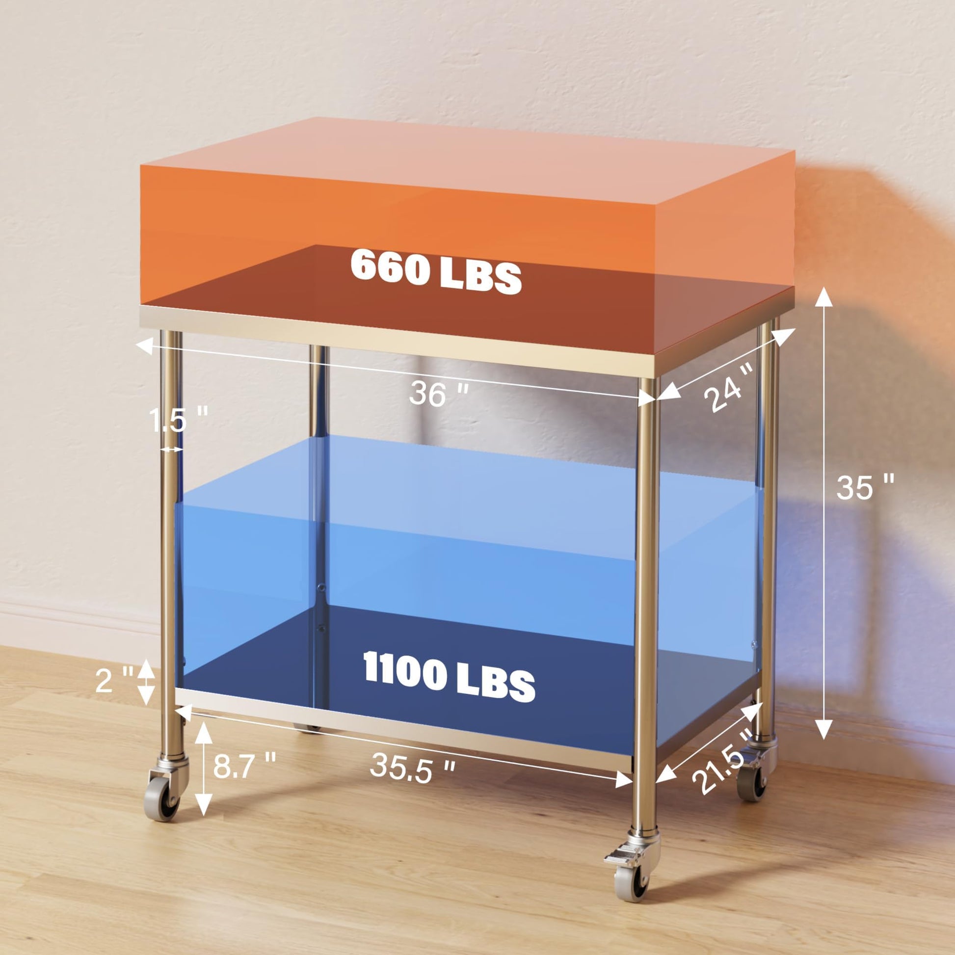 Table de travail Garvee en acier inoxydable – 91 × 61 × 89 cm, étagère réglable en hauteur, roulettes pivotantes à 360°, certifiée NSF