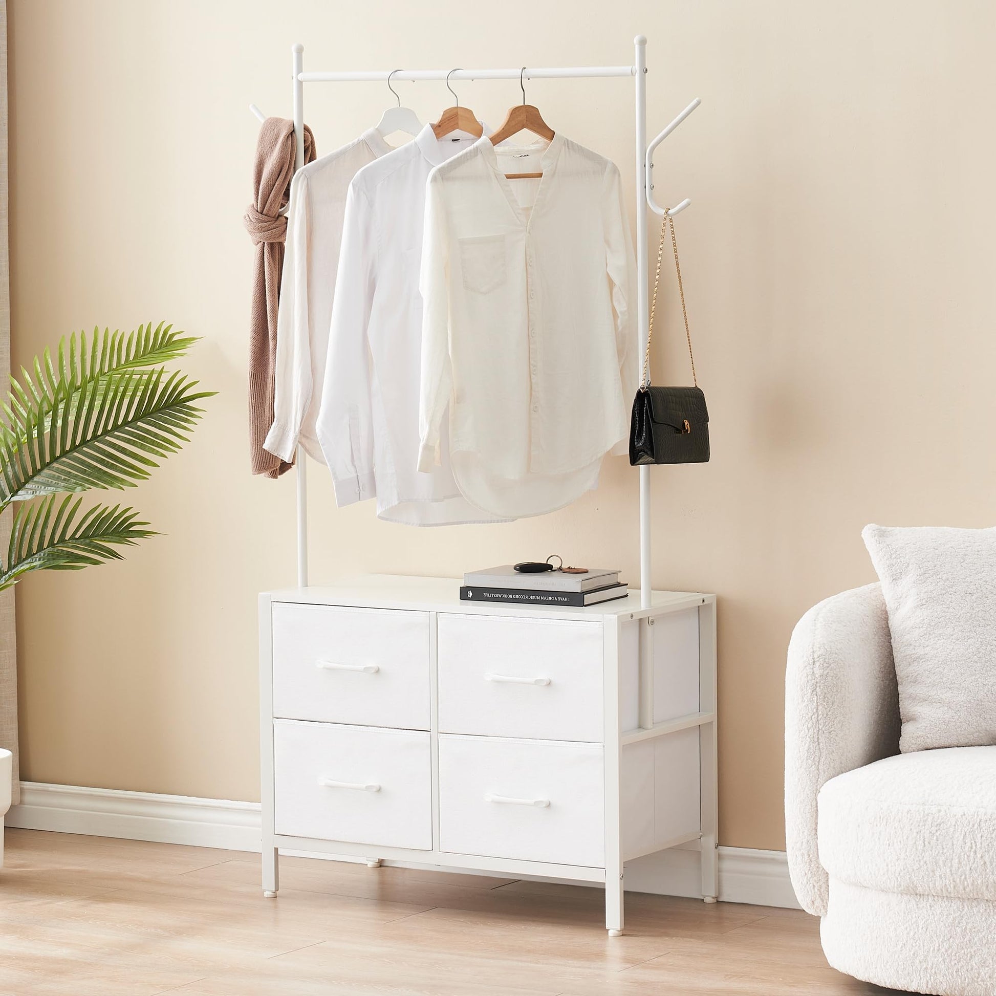 Portant à vêtements Garvee à 4 tiroirs, structure en métal et plateau en bois, pour chambre et couloir, blanc, robuste et polyvalent