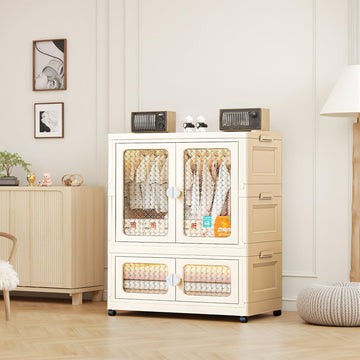 Armoire bébé Garvee à 2 niveaux avec portes transparentes, boîtes de rangement pliables à roulettes, empilables, en plastique, idéale pour la chambre d'enfant et le salon, gain de place et mobile.