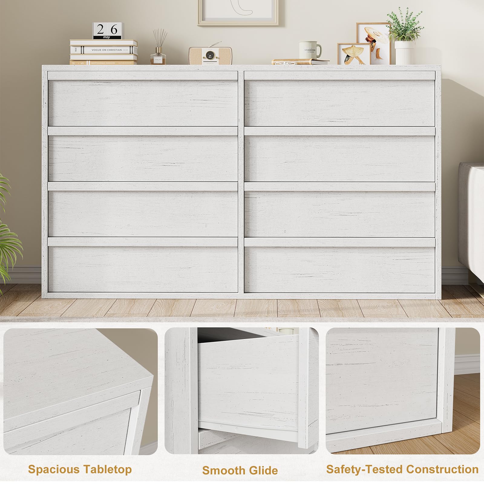 Garvee commode à 8 tiroirs avec grand espace de rangement pour la chambre et le salon, 137 cm, bois