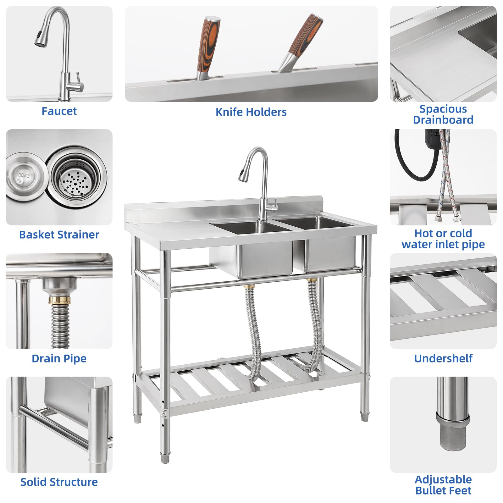 Garvee Évier commercial double bac en acier inoxydable, robinet pivotant 360°, étagères de rangement, pour cuisine et extérieur, 33 × 33 × 21 cm.