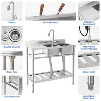 Garvee Évier commercial double bac en acier inoxydable, robinet pivotant 360°, étagères de rangement, pour cuisine et extérieur, 33 × 33 × 21 cm.