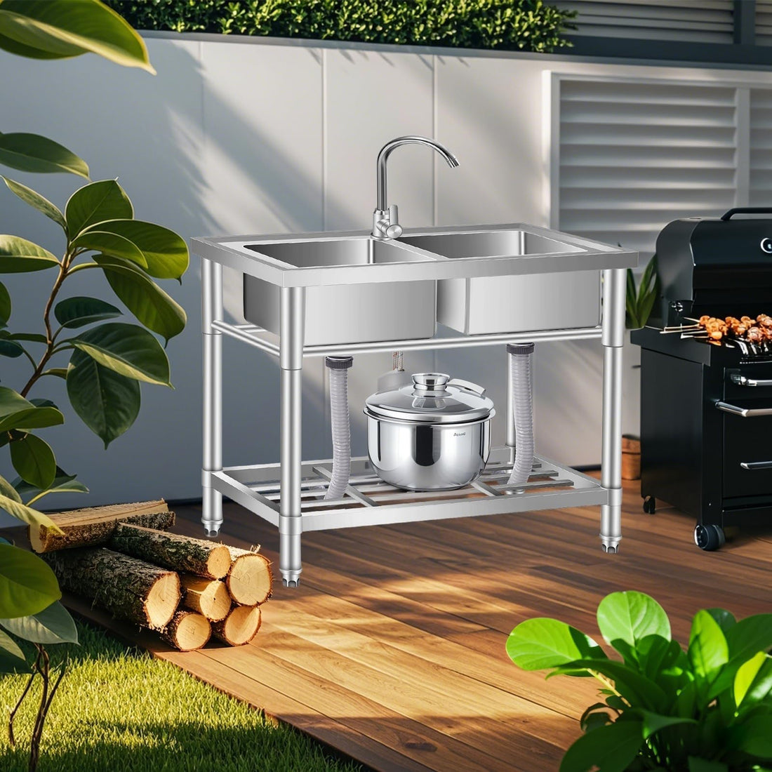 Garvee Plonge Inox 2 Bacs sur Pied 84 × 46 × 76 cm, Évier Professionnel avec Robinet Chaud/Froid et Étagère
