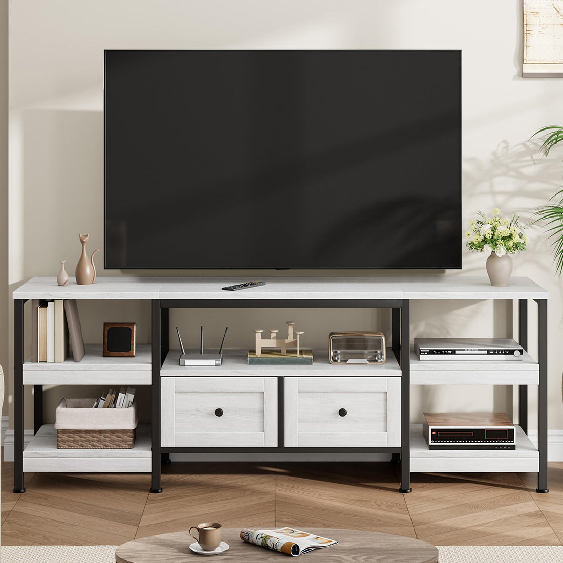 Meuble TV industriel Garvee de 160 cm avec 2 tiroirs, structure en MDF et métal, blanc, pour salon et bureau