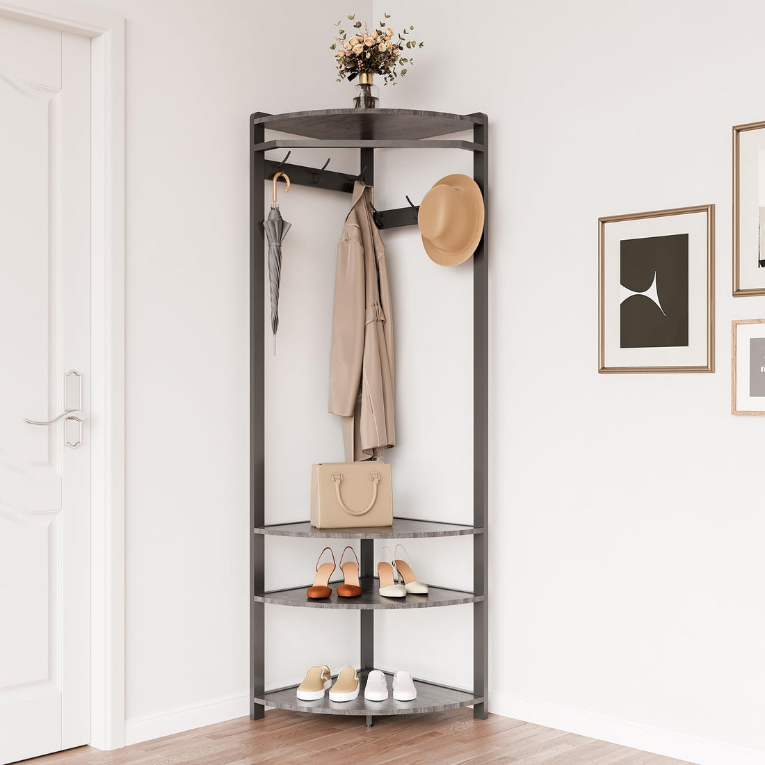 Garvee Armoire d'angle avec banc à chaussures, 6 crochets doubles, en bois, structure robuste anti-basculement, idéale pour l'entrée et le couloir, gain de place, 180 cm, gris