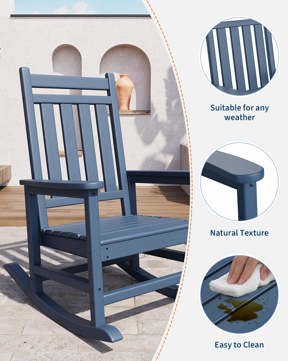Garvee Chaise à bascule d’extérieur en PEHD effet bois, dossier haut, charge 172 kg, résistante aux intempéries, bleu marine, terrasse et patio