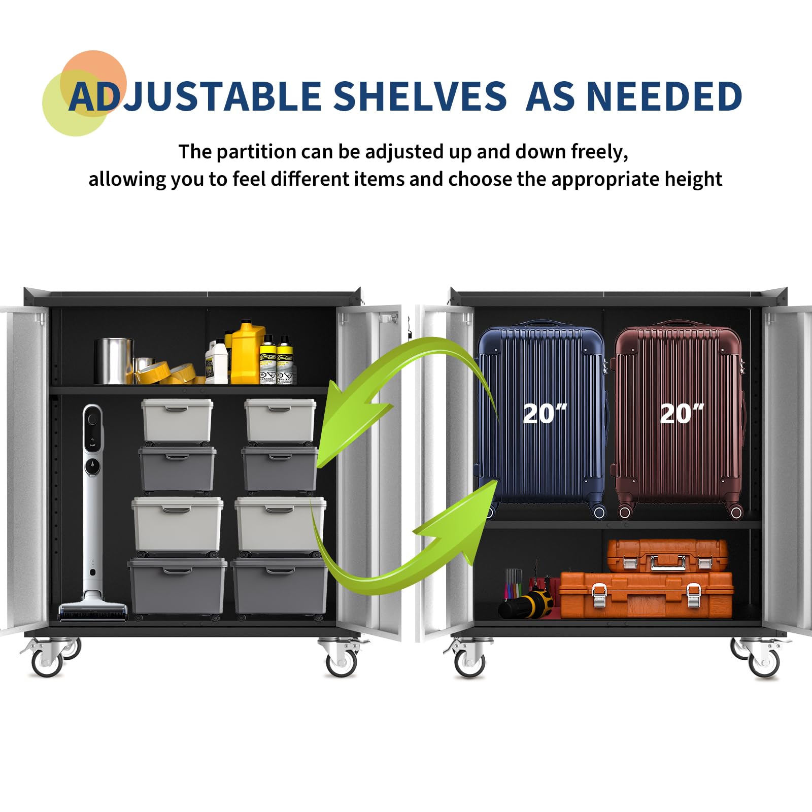 Armoire de rangement robuste Garvee pour garage, avec roulettes, étagères réglables, portes verrouillables, acier antirouille, mobile et sécurisée, idéale pour atelier ou bureau.