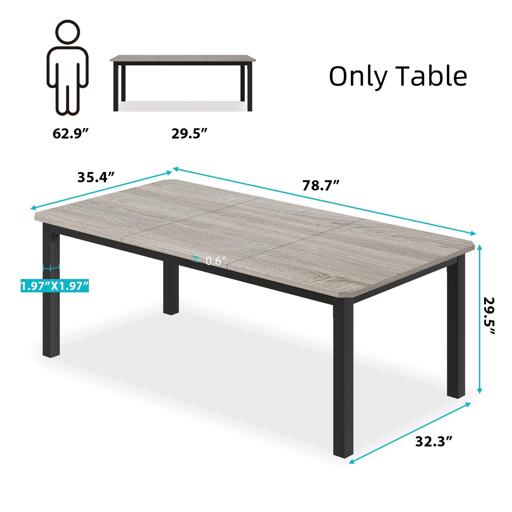 Table de salle à manger Garvee de 200 cm de long pour 6 à 8 personnes, style industriel, design biseauté, MDF et métal, largeur 10 cm, marron