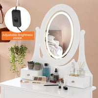 Coiffeuse Garvee avec miroir ovale et éclairage LED, 5 tiroirs, bois, pivotante à 360°, blanche, chambre moderne