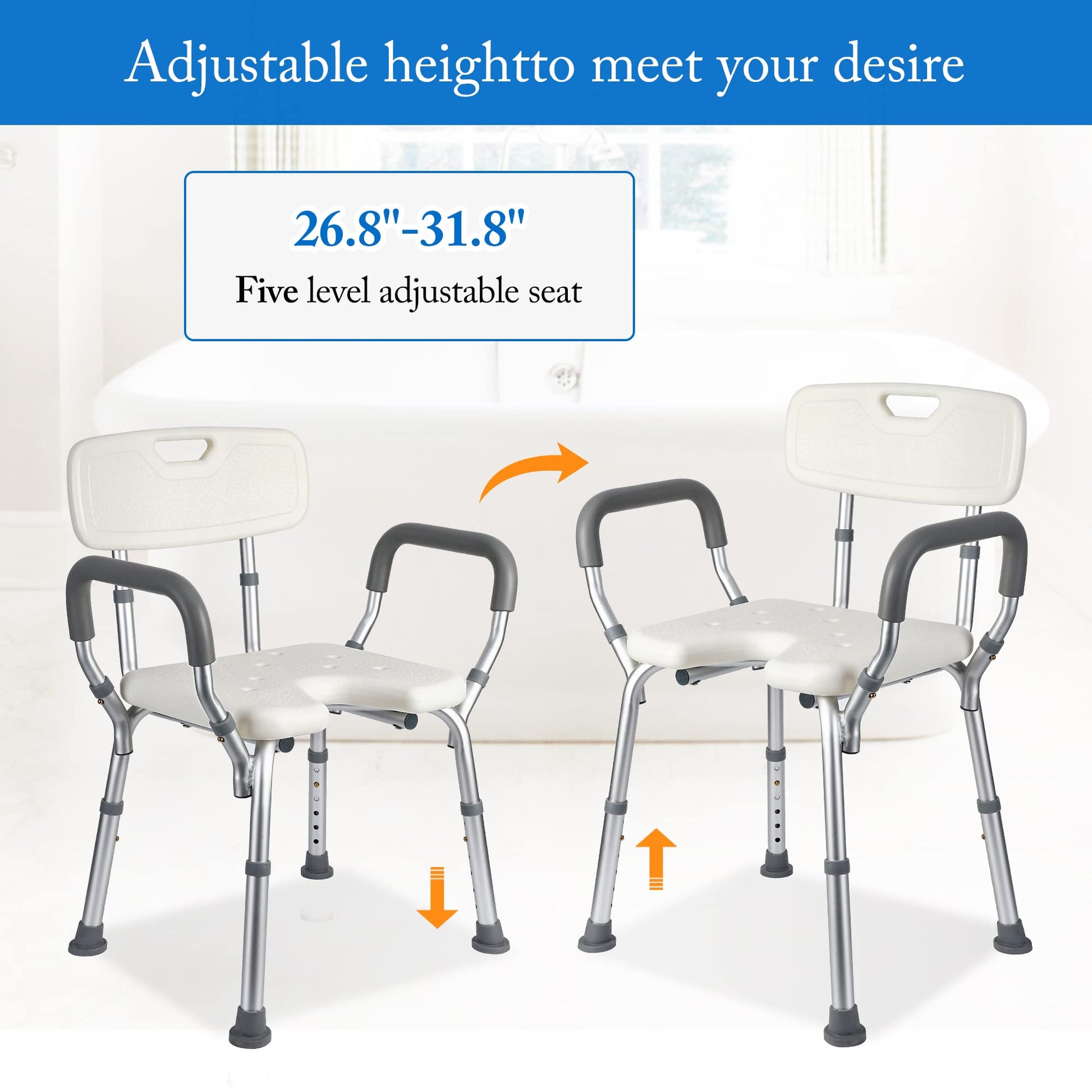 GARVEE Siège de douche en U avec dossier et accoudoirs réglables, structure aluminium, assise antidérapante, pour seniors, PMR et salle de bain, argenté